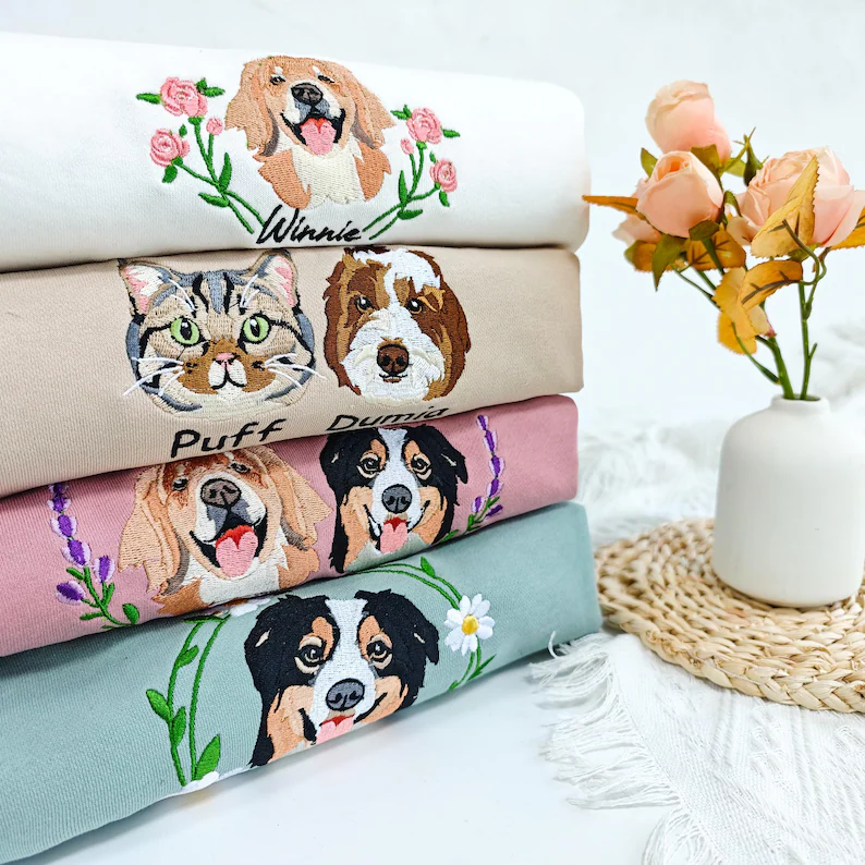 Personalized Embroidered Pet Sweatshirt with Portrait From Photo and Name, Gifts For Pet Owners