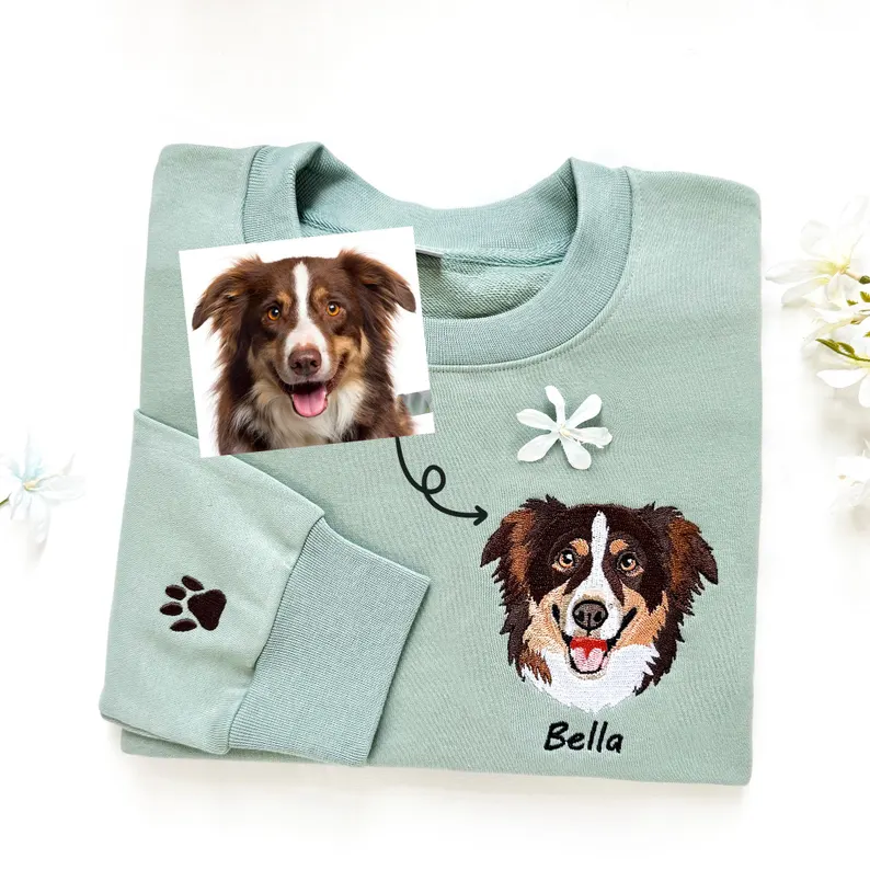 Personalized Embroidered Pet Sweatshirt with Portrait From Photo and Name, Gifts For Pet Owners